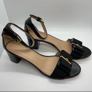 Tory Burch Black Patent Leather Trudy Heel Sandals Bow Pumps 8M